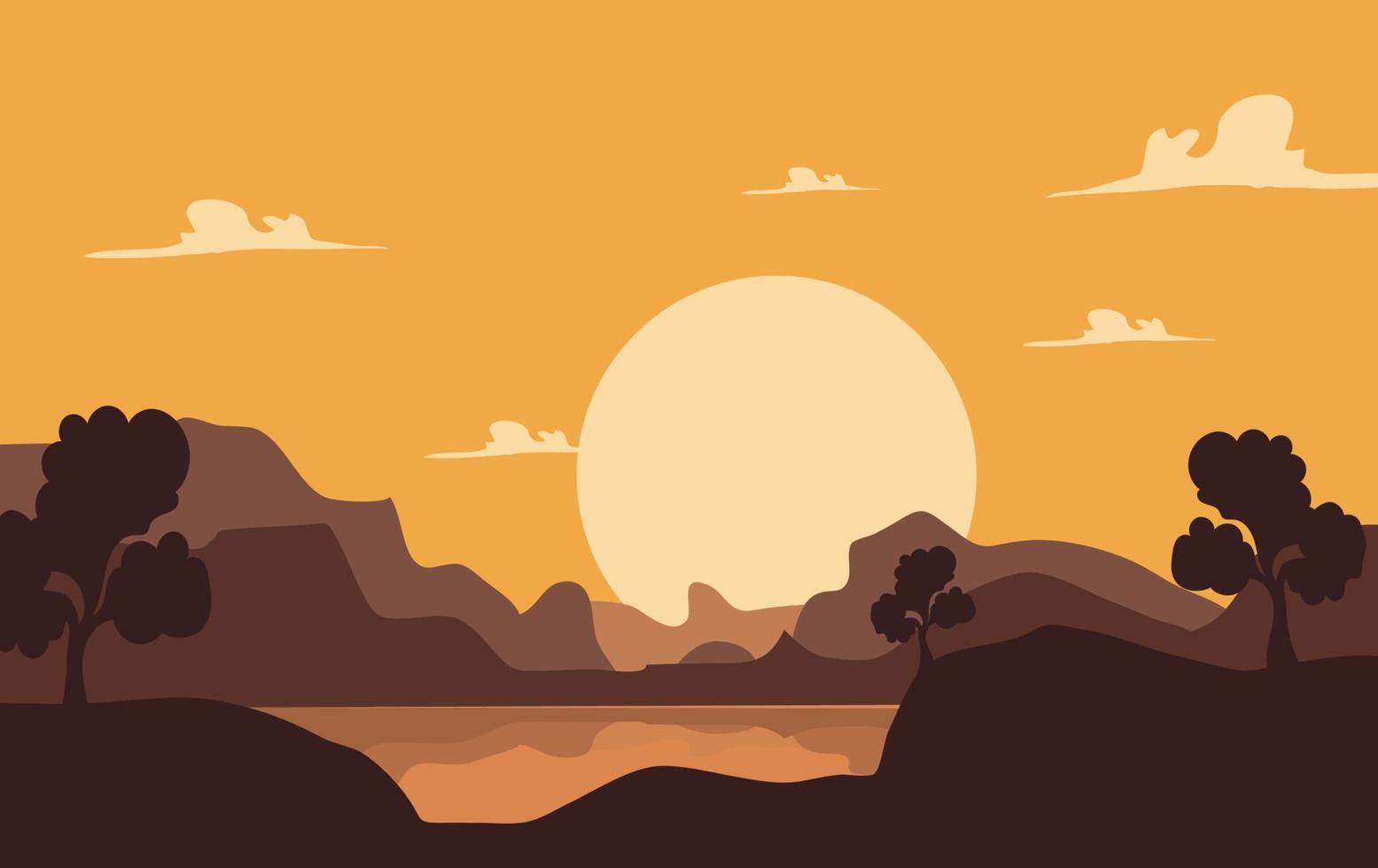 Beautiful vector landscape illustration, Peaceful sunrise over mountains, ocean and forest. Travel, hiking, outdoors and adventure concept. Use as background or wallpaper.