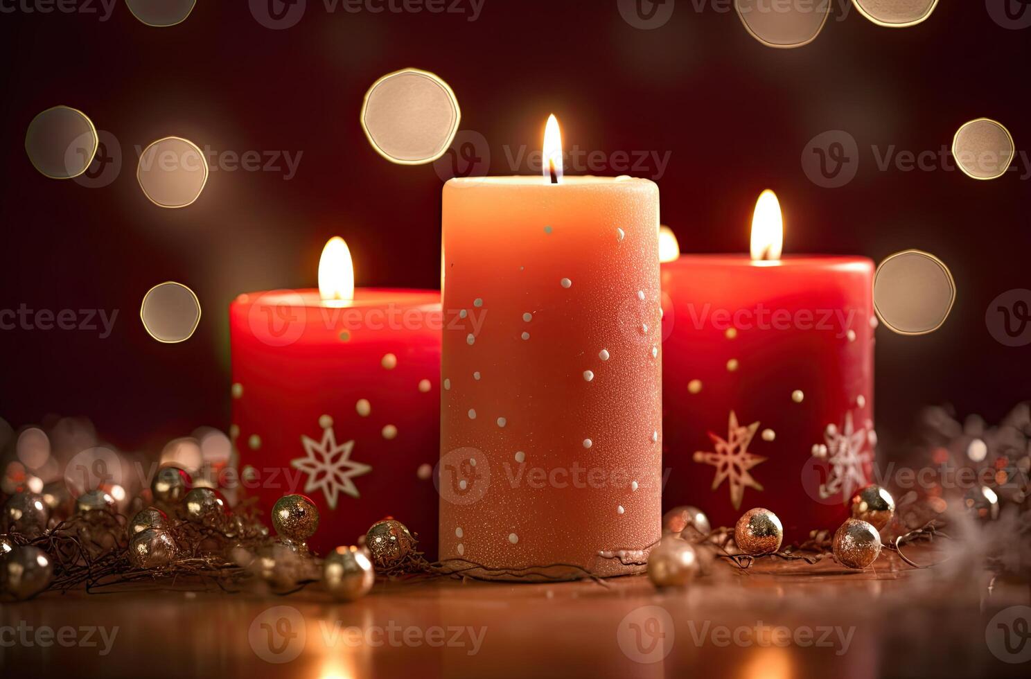 Burning candle and Christmas decoration over snow and wooden background. . photo