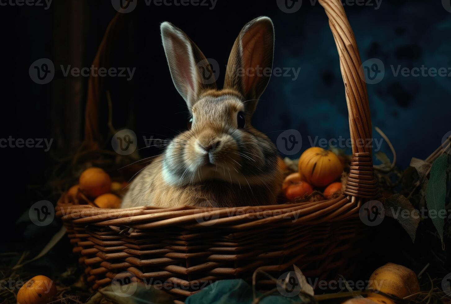 Rabbit and easter eggs. Little Bunny In Basket With Decorated Eggs - Easter Card. Concept of Easter egg illustration. photo