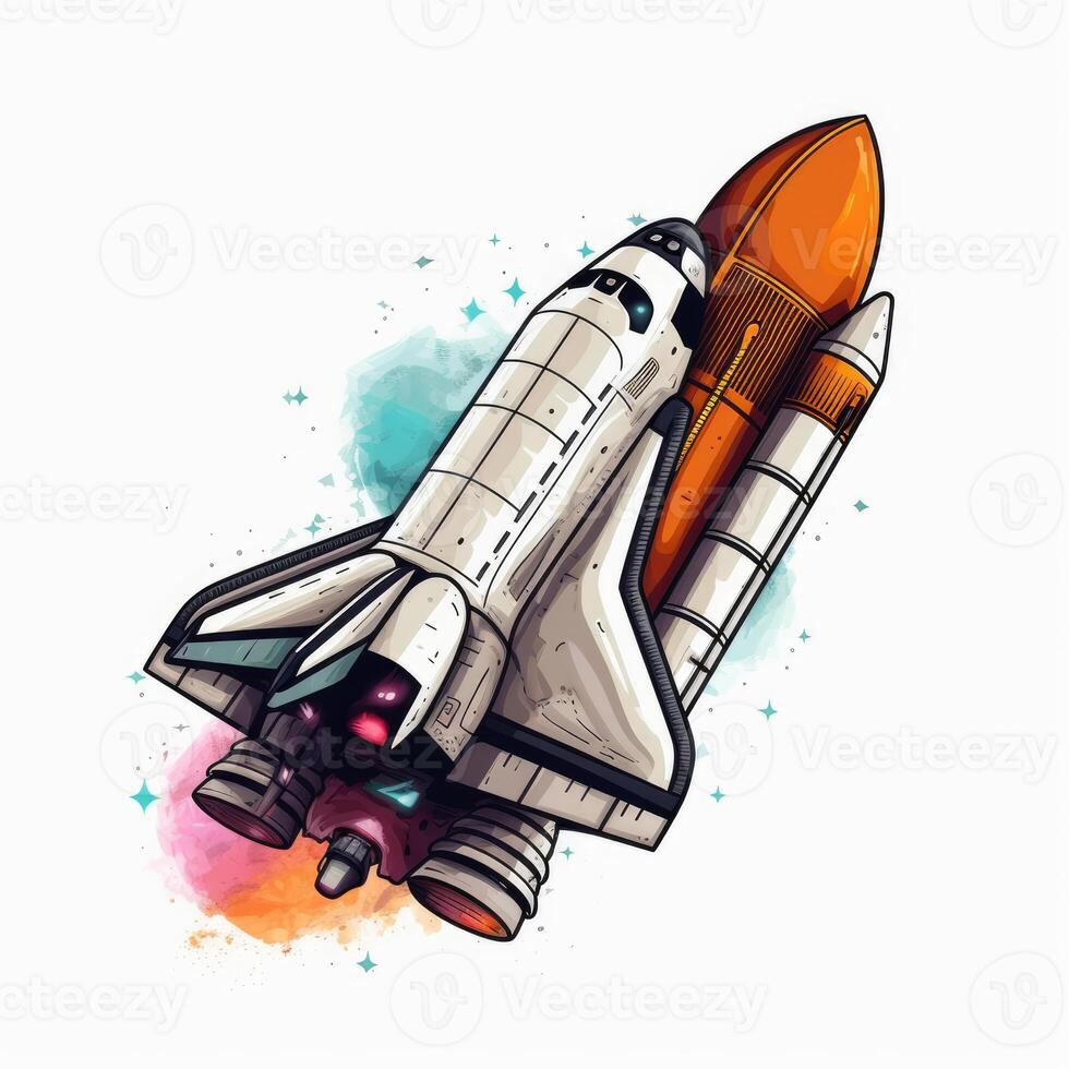Cartoon rocket space ship take off, isolated illustration. spaceship icon logo. . photo