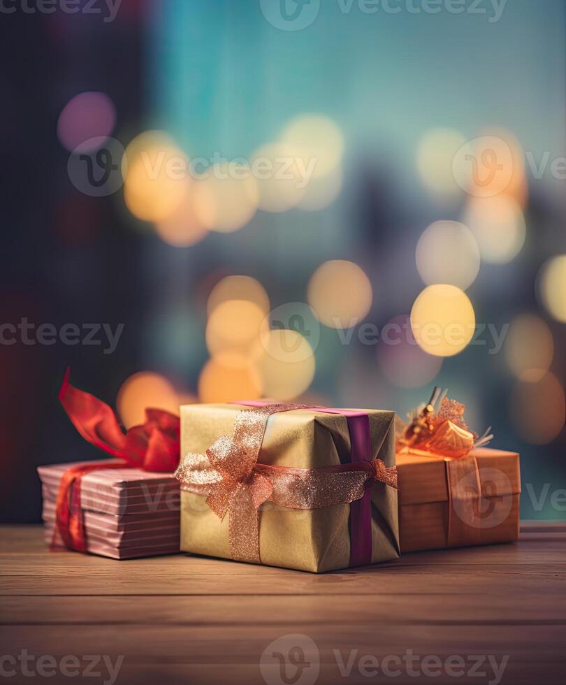 Navidad regalos envuelto en rojo papel con oro cinta en en de madera mesa antecedentes y Bokeh. sitio para tipografía y logo. Copiar espacio. generativo ai. foto