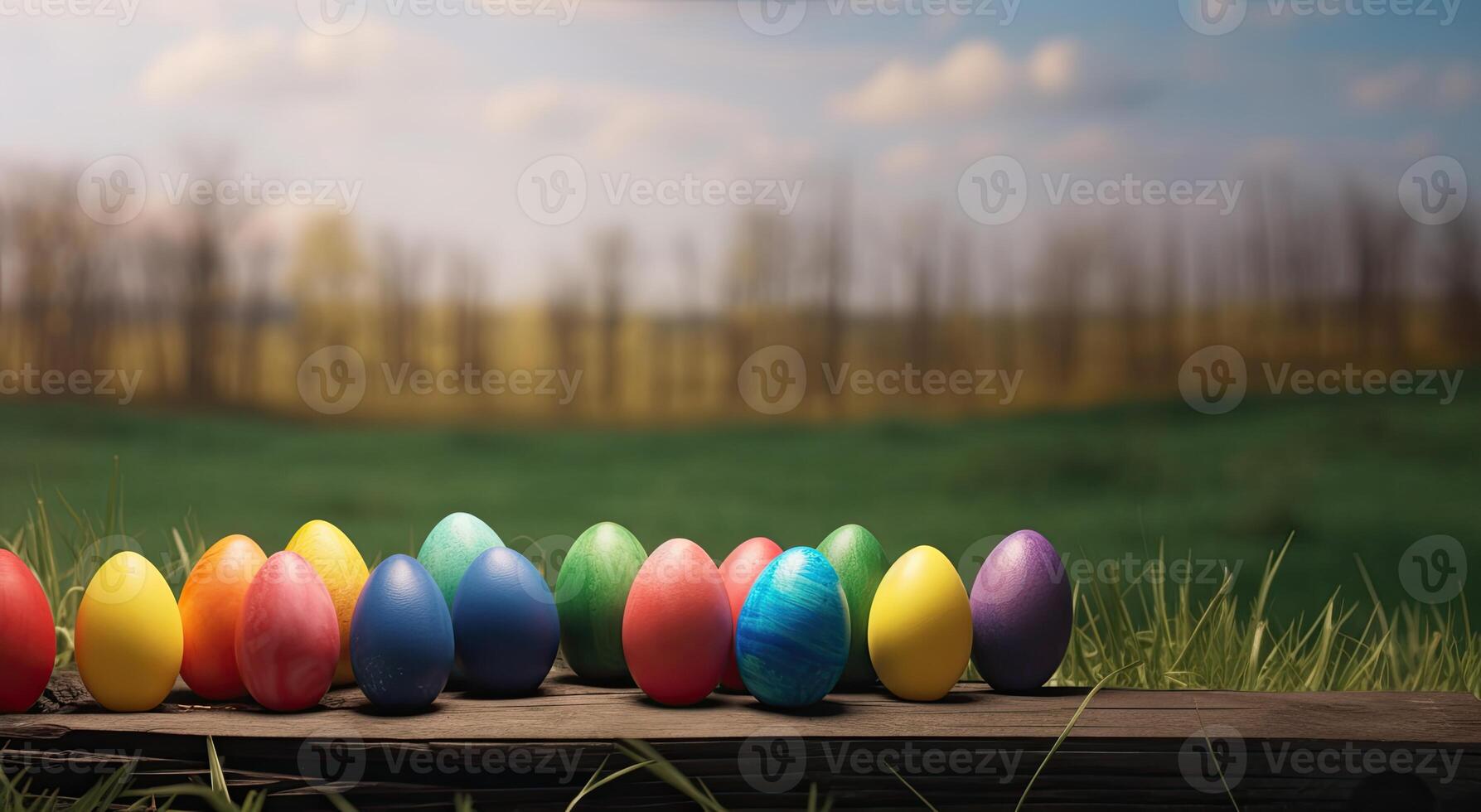 row of colorful easter eggs on wooden table and bokeh background, place for typography and logo. Rustic wooden table. Easter theme. . photo