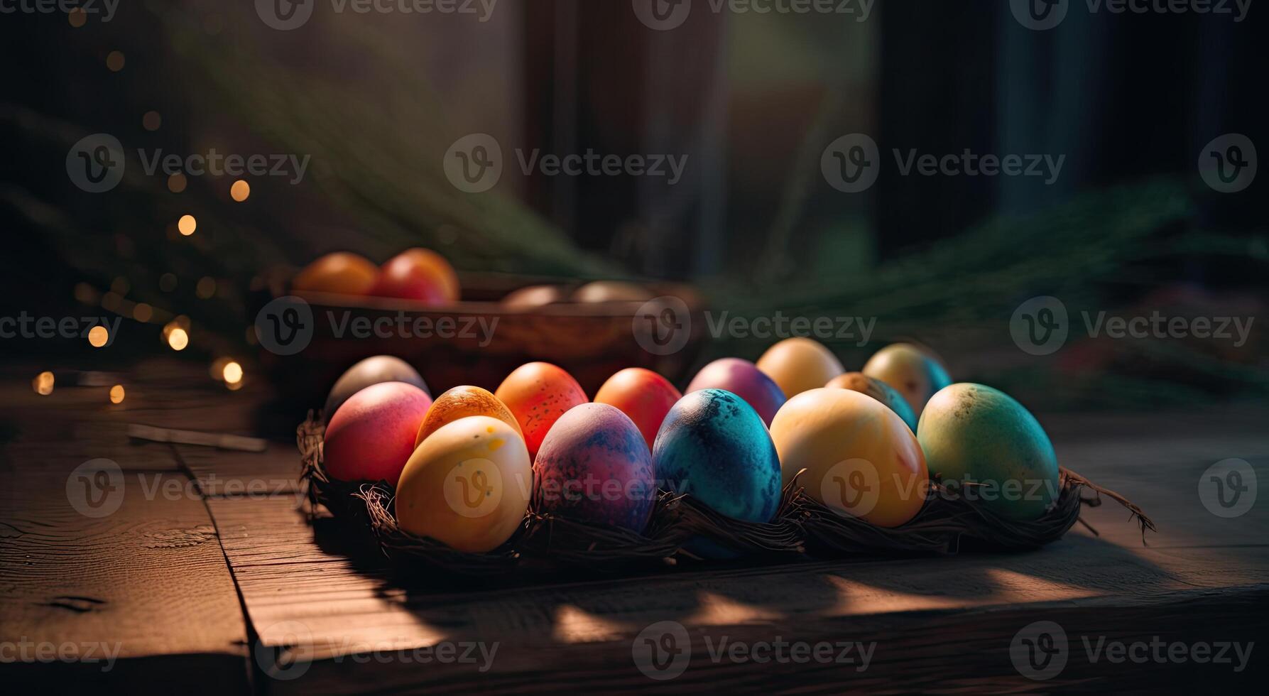 row of colorful easter eggs on wooden table and bokeh background, place for typography and logo. Rustic wooden table. Easter theme. . photo