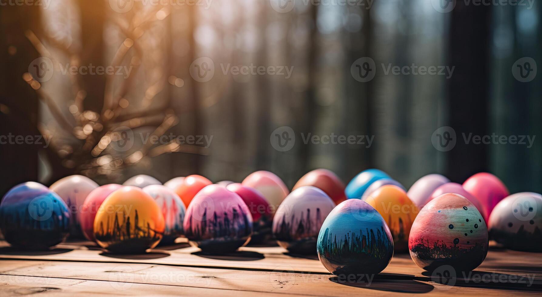 row of colorful easter eggs on wooden table and bokeh background, place for typography and logo. Rustic wooden table. Easter theme. . photo