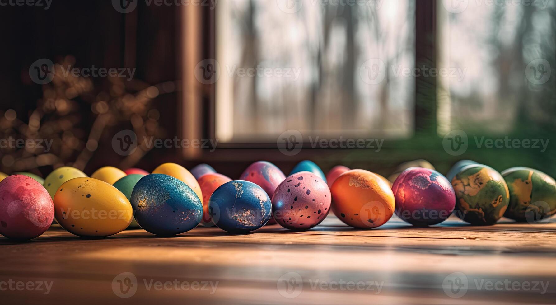 row of colorful easter eggs on wooden table and bokeh background, place for typography and logo. Rustic wooden table. Easter theme. . photo