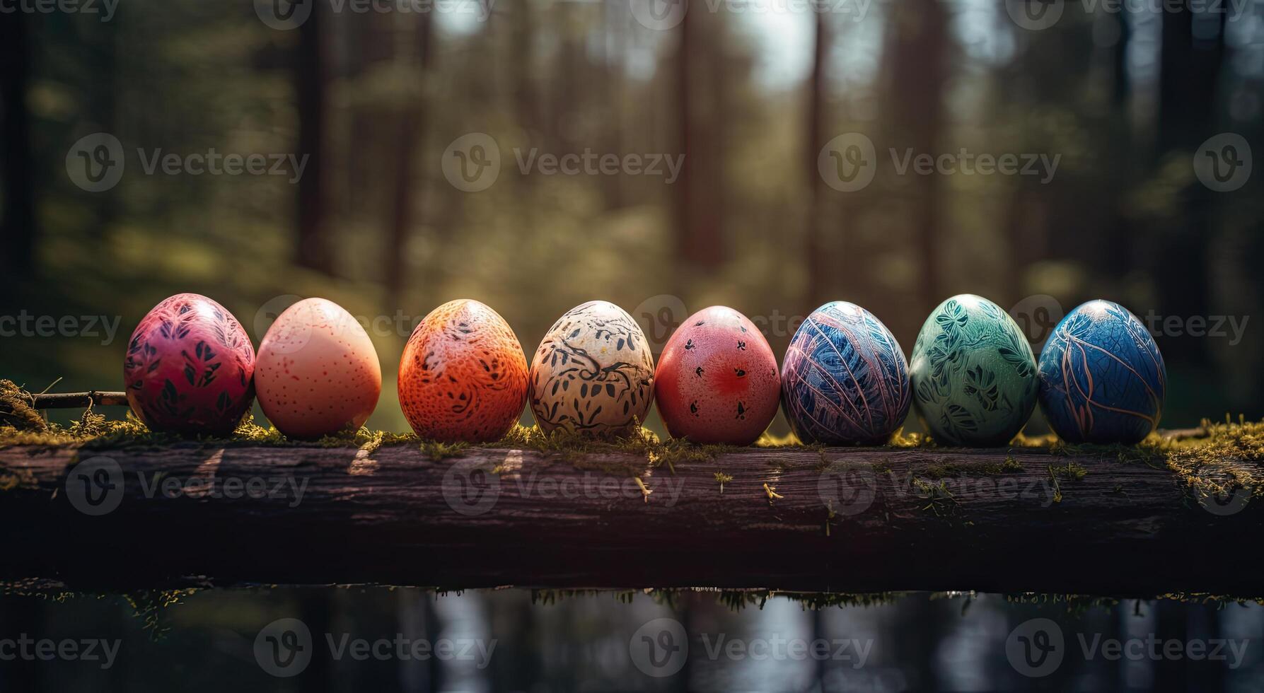 row of colorful easter eggs on wooden table and bokeh background, place for typography and logo. Rustic wooden table. Easter theme. . photo