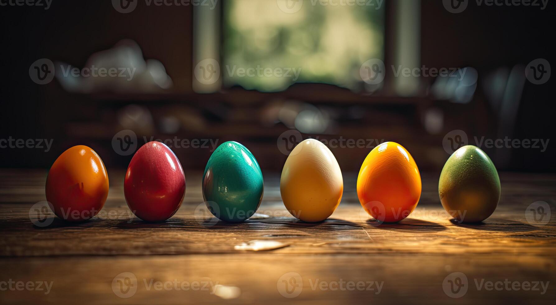 row of colorful easter eggs on wooden table and bokeh background, place for typography and logo. Rustic wooden table. Easter theme. . photo
