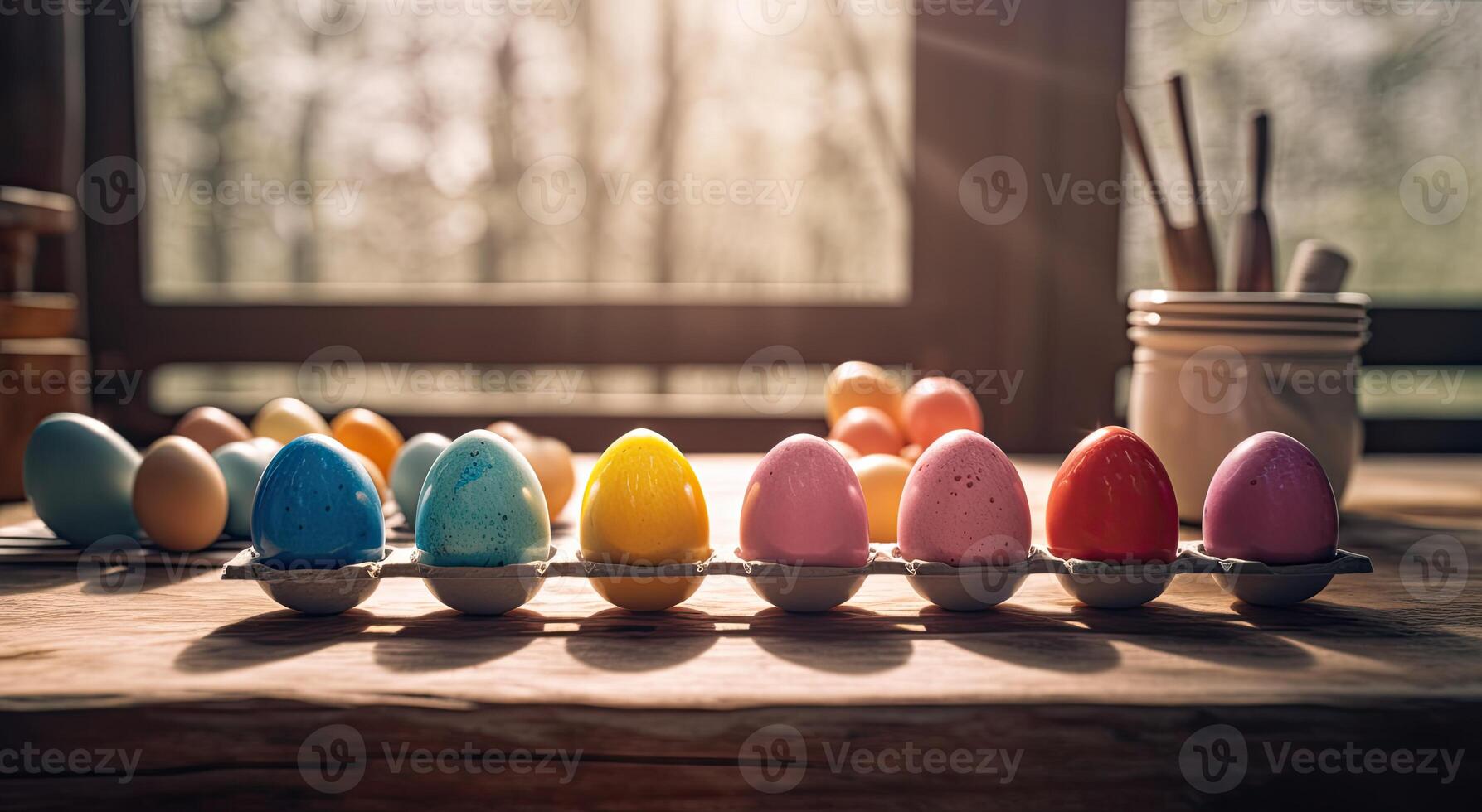 row of colorful easter eggs on wooden table and bokeh background, place for typography and logo. Rustic wooden table. Easter theme. . photo