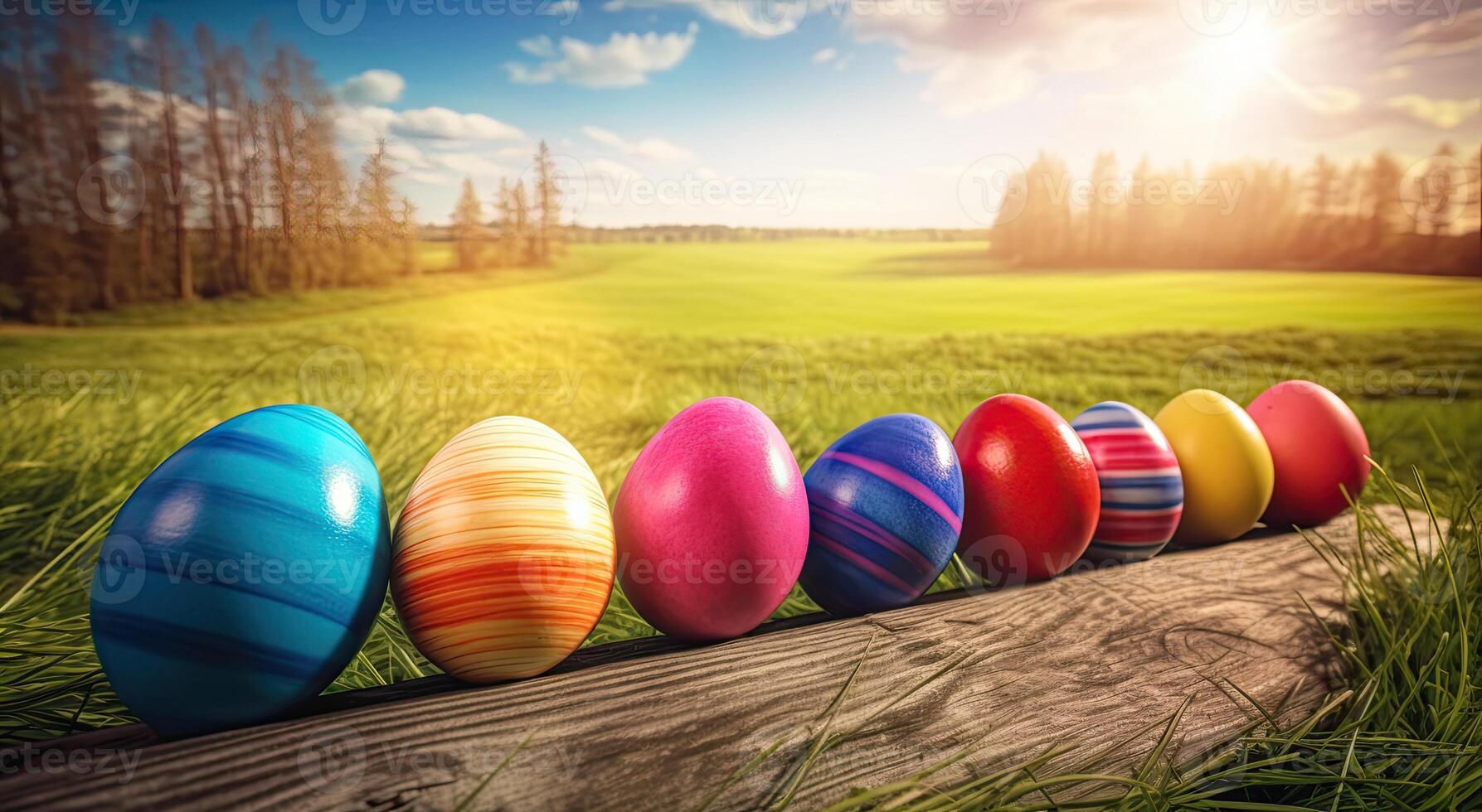 row of colorful easter eggs on wooden table and bokeh background, place for typography and logo. Rustic wooden table. Easter theme. . photo