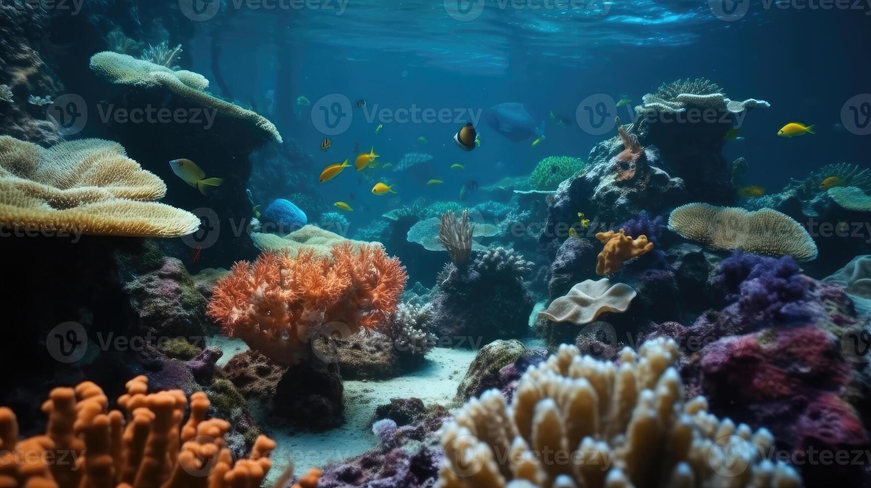 Underwater scene. Coral reef, colorful fish groups and sunny sky shining through clean ocean water. Space underwater for you to fill or just use standalone. High res. photo