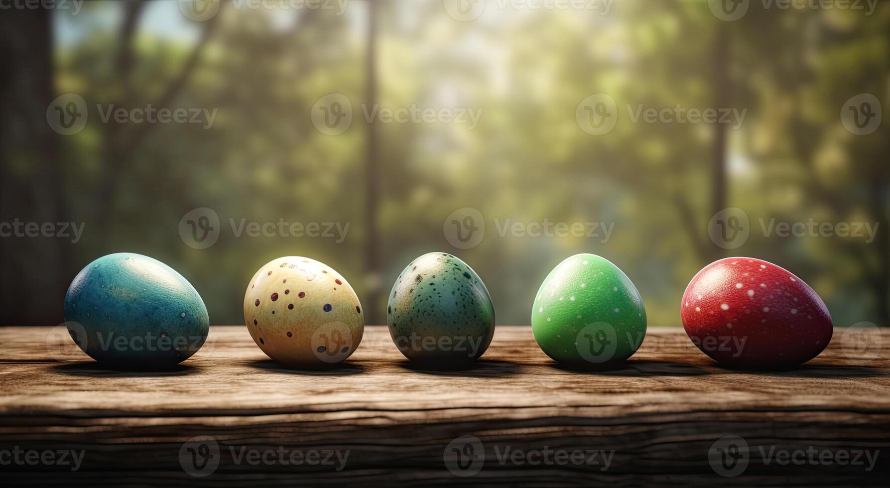 row of colorful easter eggs on wooden table and bokeh background, place for typography and logo. Rustic wooden table. Easter theme. . photo
