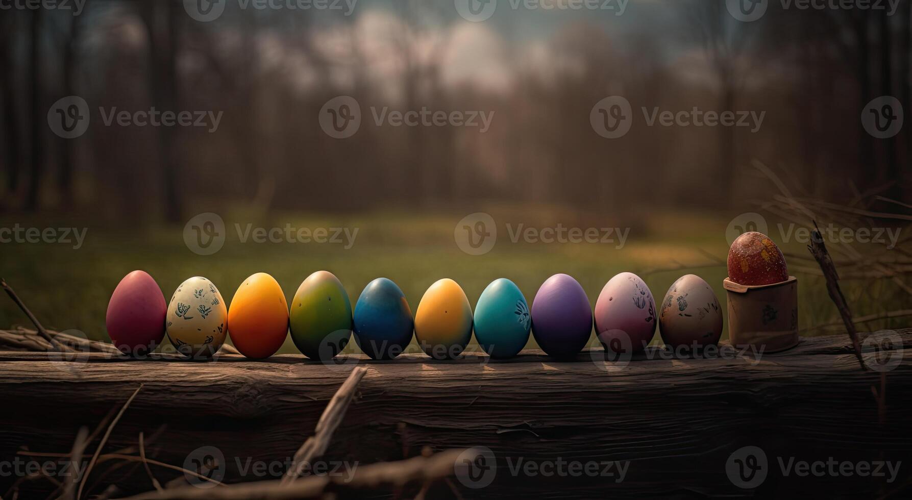 row of colorful easter eggs on wooden table and bokeh background, place for typography and logo. Rustic wooden table. Easter theme. . photo