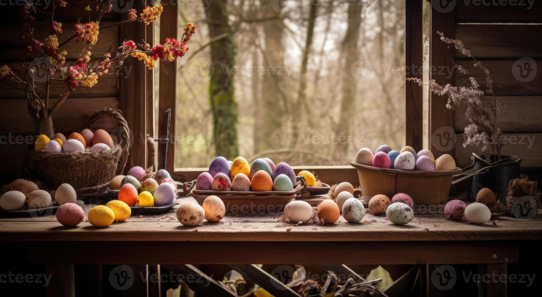 row of colorful easter eggs on wooden table and bokeh background, place for typography and logo. Rustic wooden table. Easter theme. . photo
