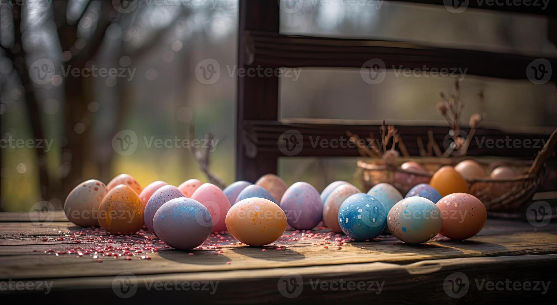 row of colorful easter eggs on wooden table and bokeh background, place for typography and logo. Rustic wooden table. Easter theme. . photo