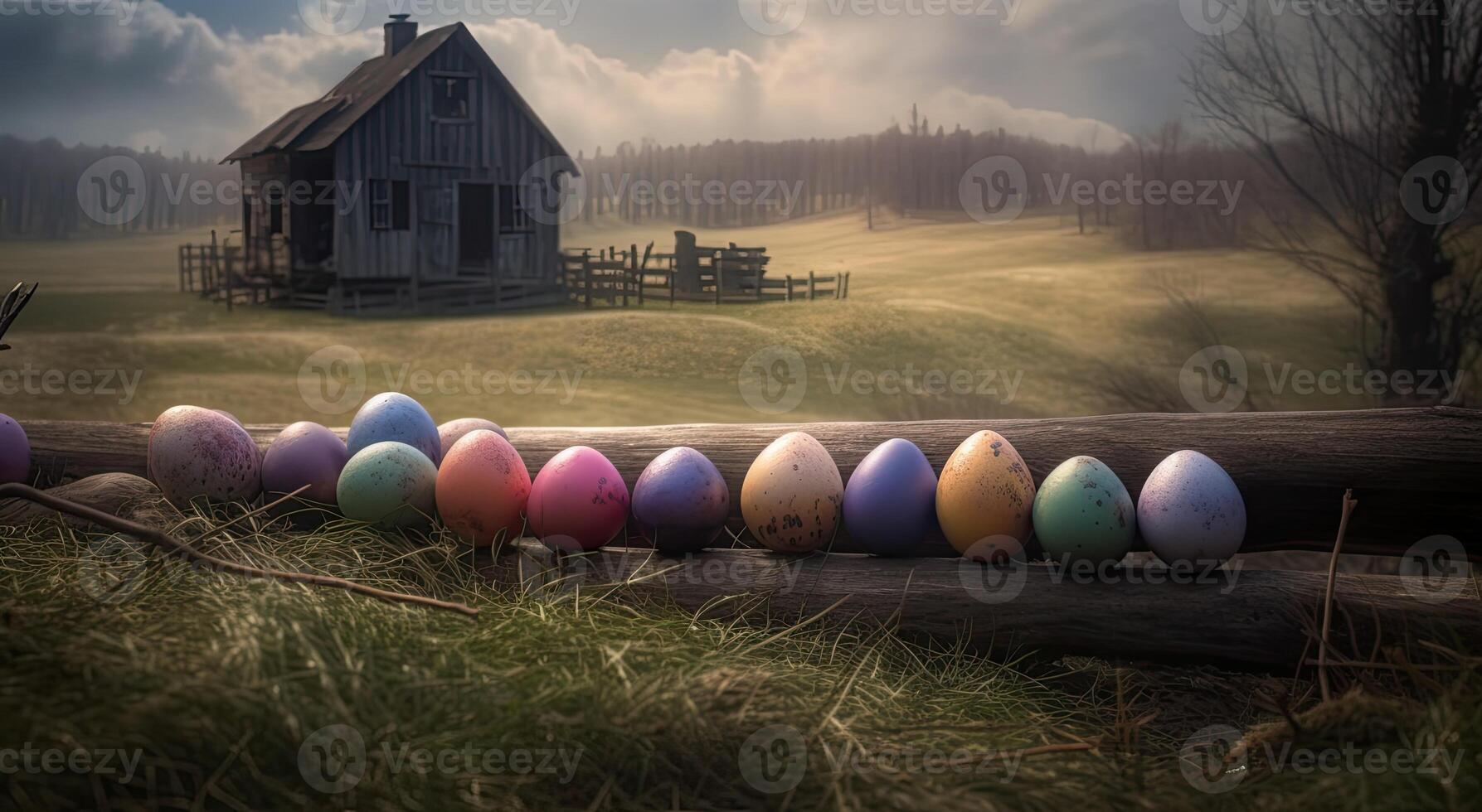 row of colorful easter eggs on wooden table and bokeh background, place for typography and logo. Rustic wooden table. Easter theme. . photo