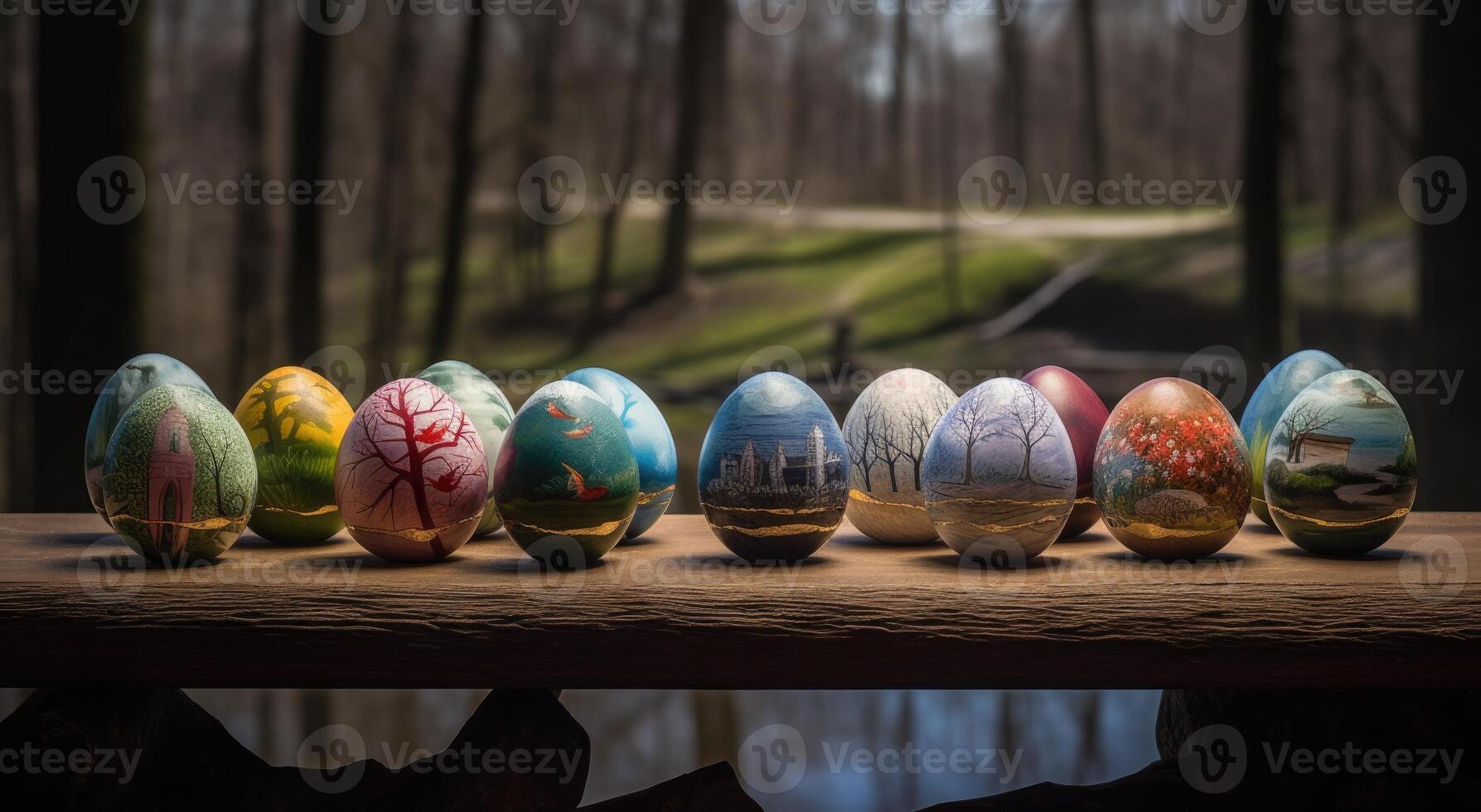 row of colorful easter eggs on wooden table and bokeh background, place for typography and logo. Rustic wooden table. Easter theme. . photo