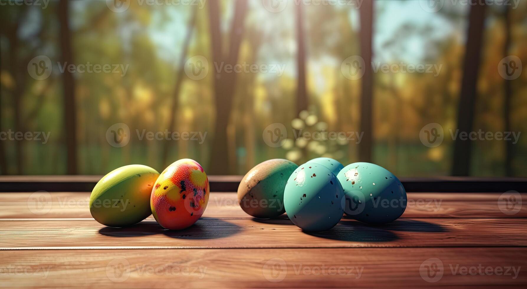 row of colorful easter eggs on wooden table and bokeh background, place for typography and logo. Rustic wooden table. Easter theme. . photo