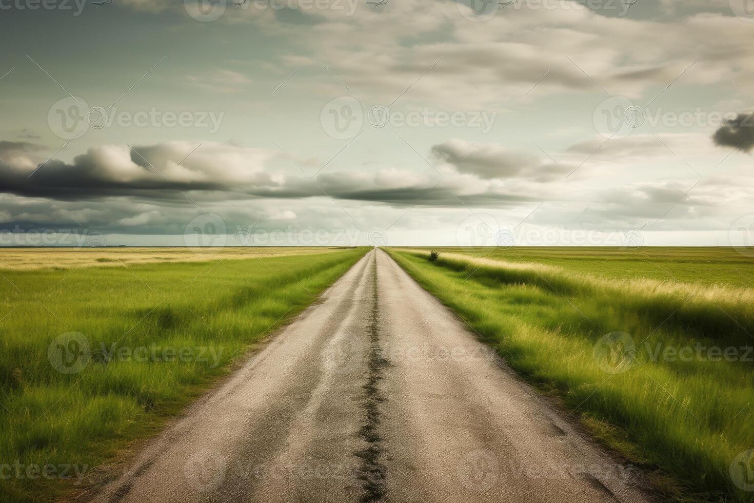 The landscape of grass fields and blue sky road leading off into the distance. . photo