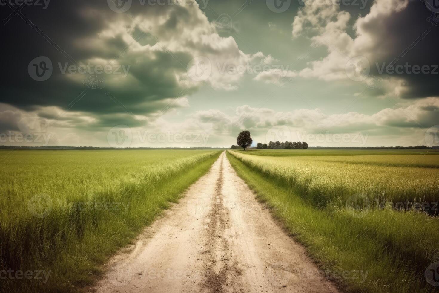 The landscape of grass fields and blue sky road leading off into the distance. . photo