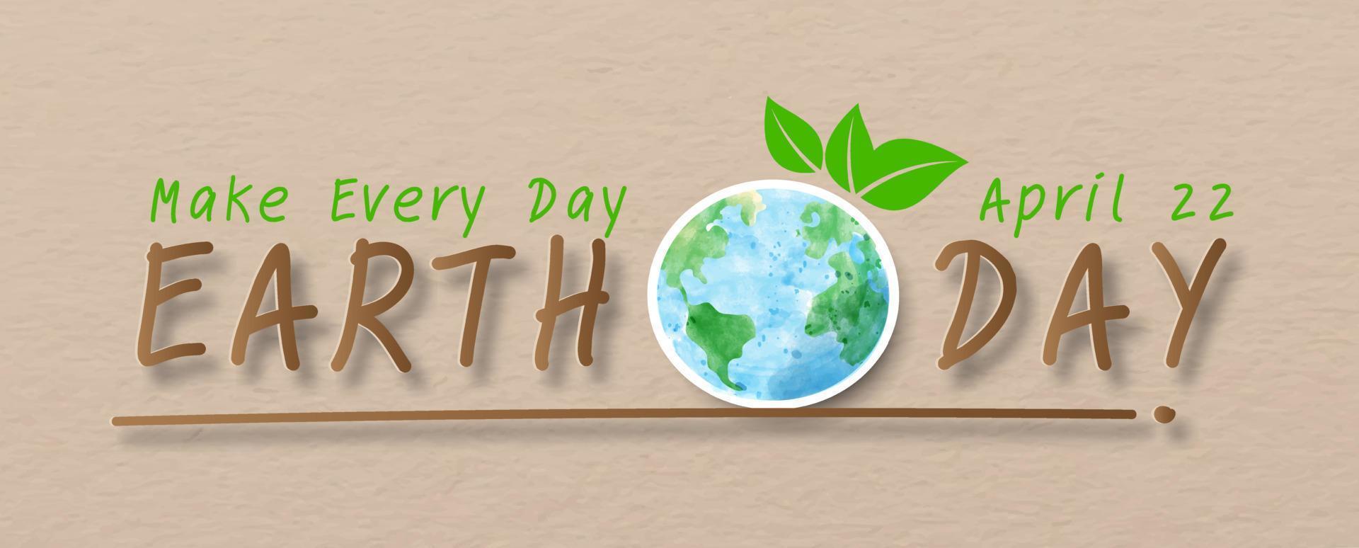 Wording of Earth day with a global in watercolor style on light brown recycle paper pattern background. Poster campaign's of Earth day in paper cut and banner vector design.