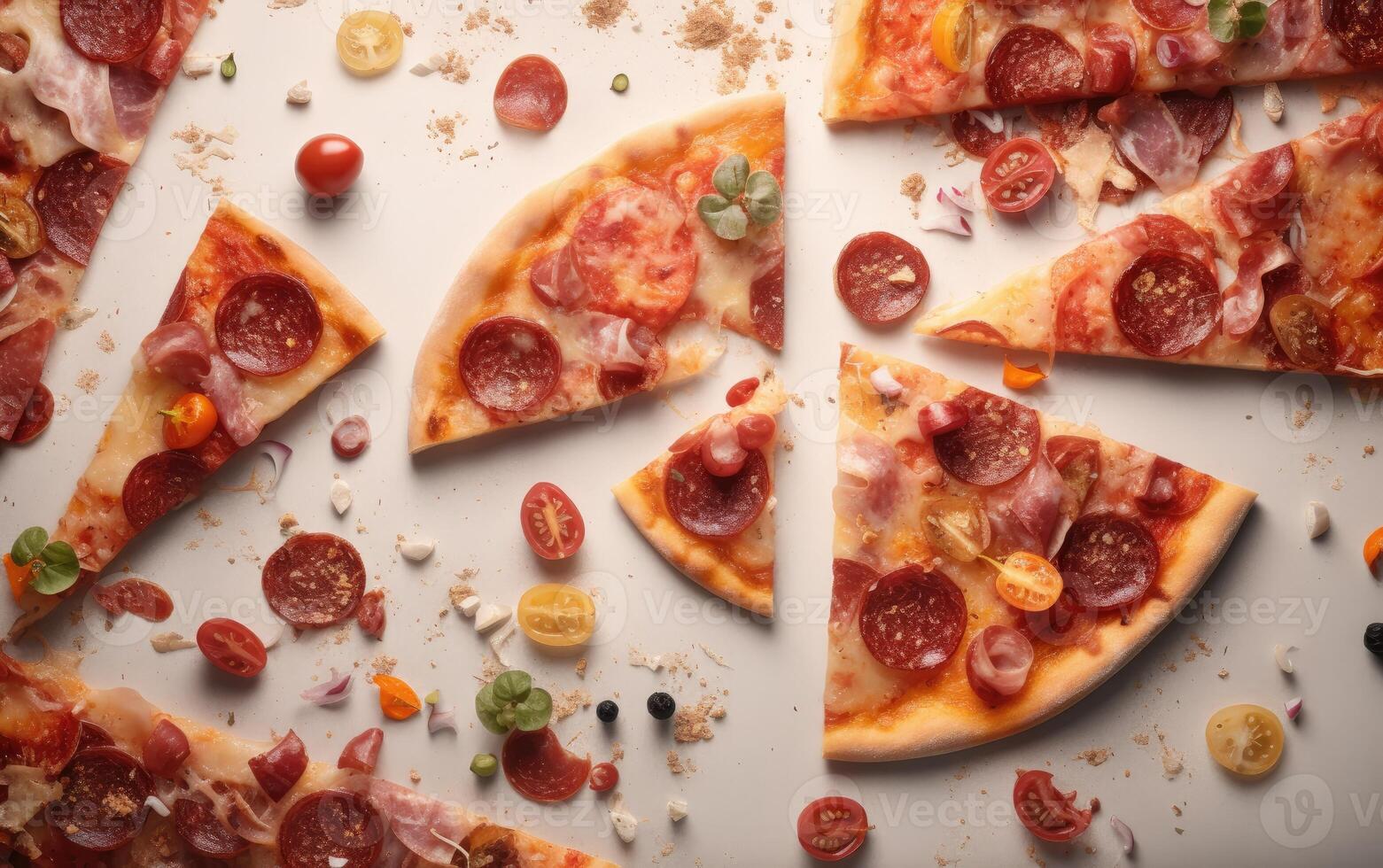 Tasty pepperoni pizza and cooking ingredients tomatoes basil on black concrete background. Top view of hot pepperoni pizza. With copy space for text. Flat lay. Banner. . photo