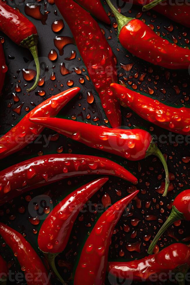 Red hot chilli peppers pattern texture background. Close up. A backdrop of Red hot chilli peppers. . photo