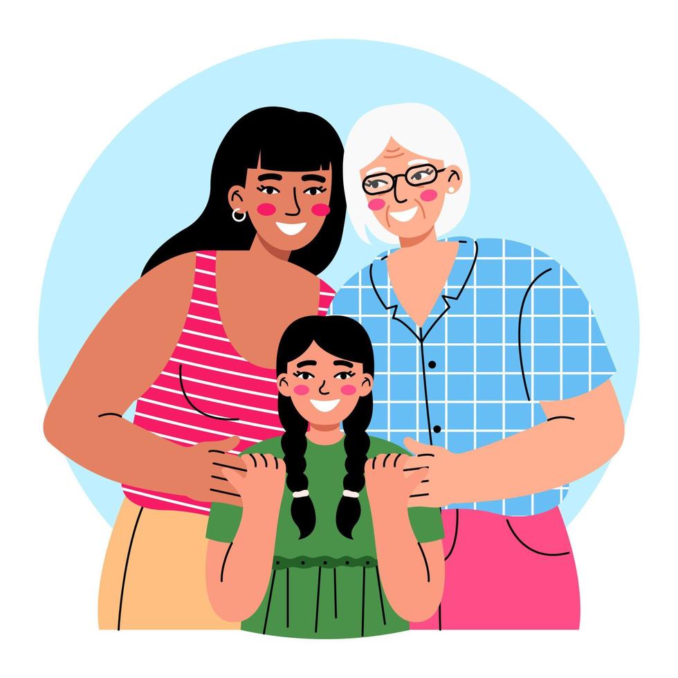 Granny, mother and daughter together on white background. Three generations concept. Mother's Day celebrating. vector