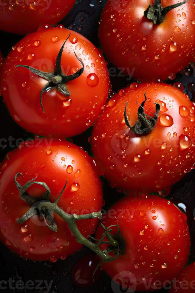 Fresco Tomates en gotas de Rocío como un antecedentes. generativo ai. foto