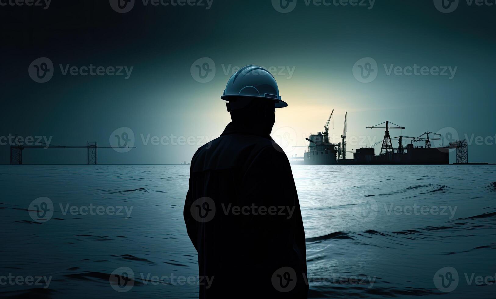 silhouette of engineer in safety hat standing in front of Offshore oil platform station, energy industry. . photo