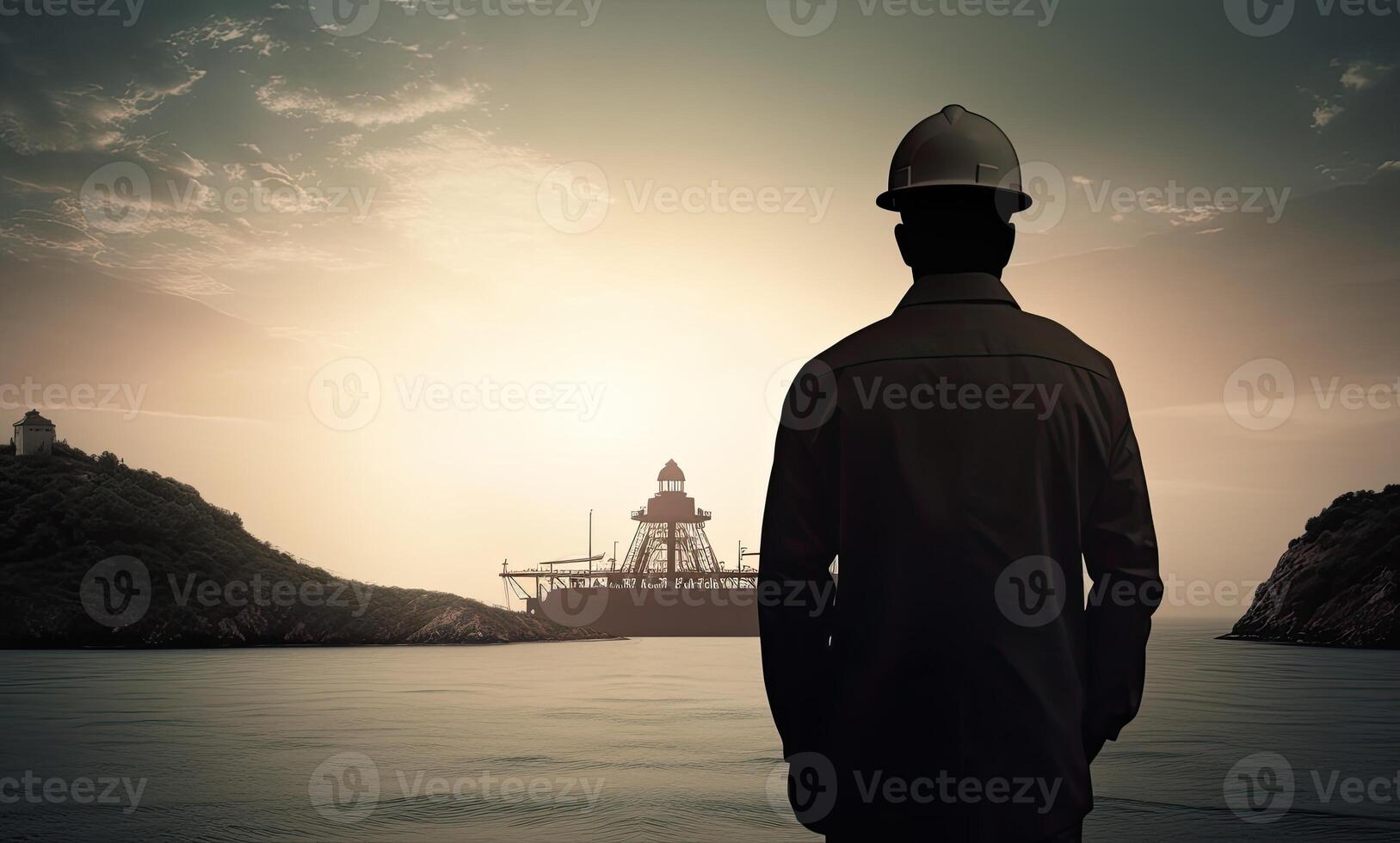 silueta de ingeniero en la seguridad sombrero en pie en frente de costa afuera petróleo plataforma estación, energía industria. generativo ai. foto