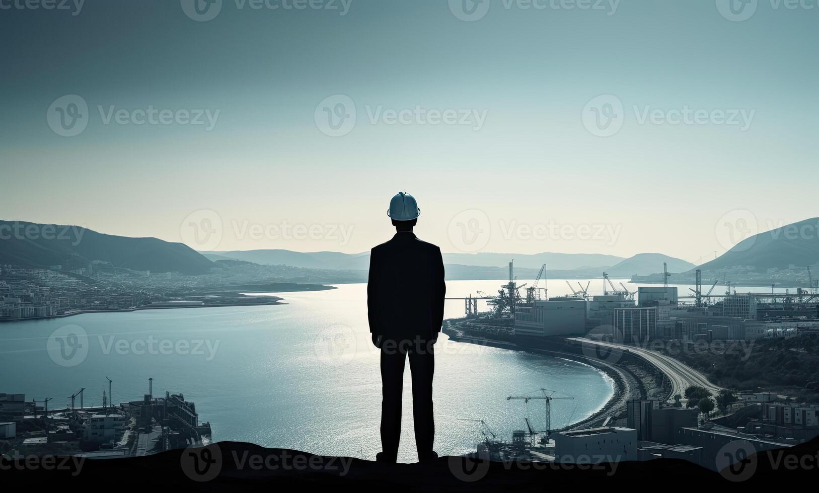 silhouette of engineer in safety hat standing in front of Offshore oil platform station, energy industry. . photo