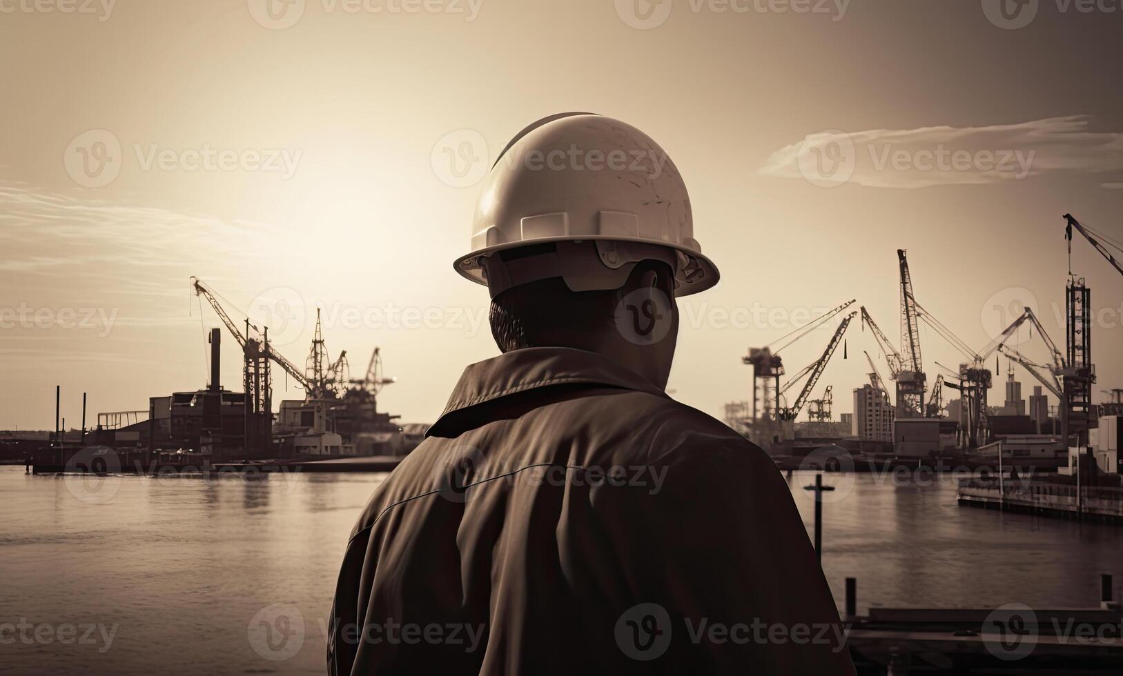 silhouette of engineer in safety hat standing in front of Offshore oil platform station, energy industry. . photo