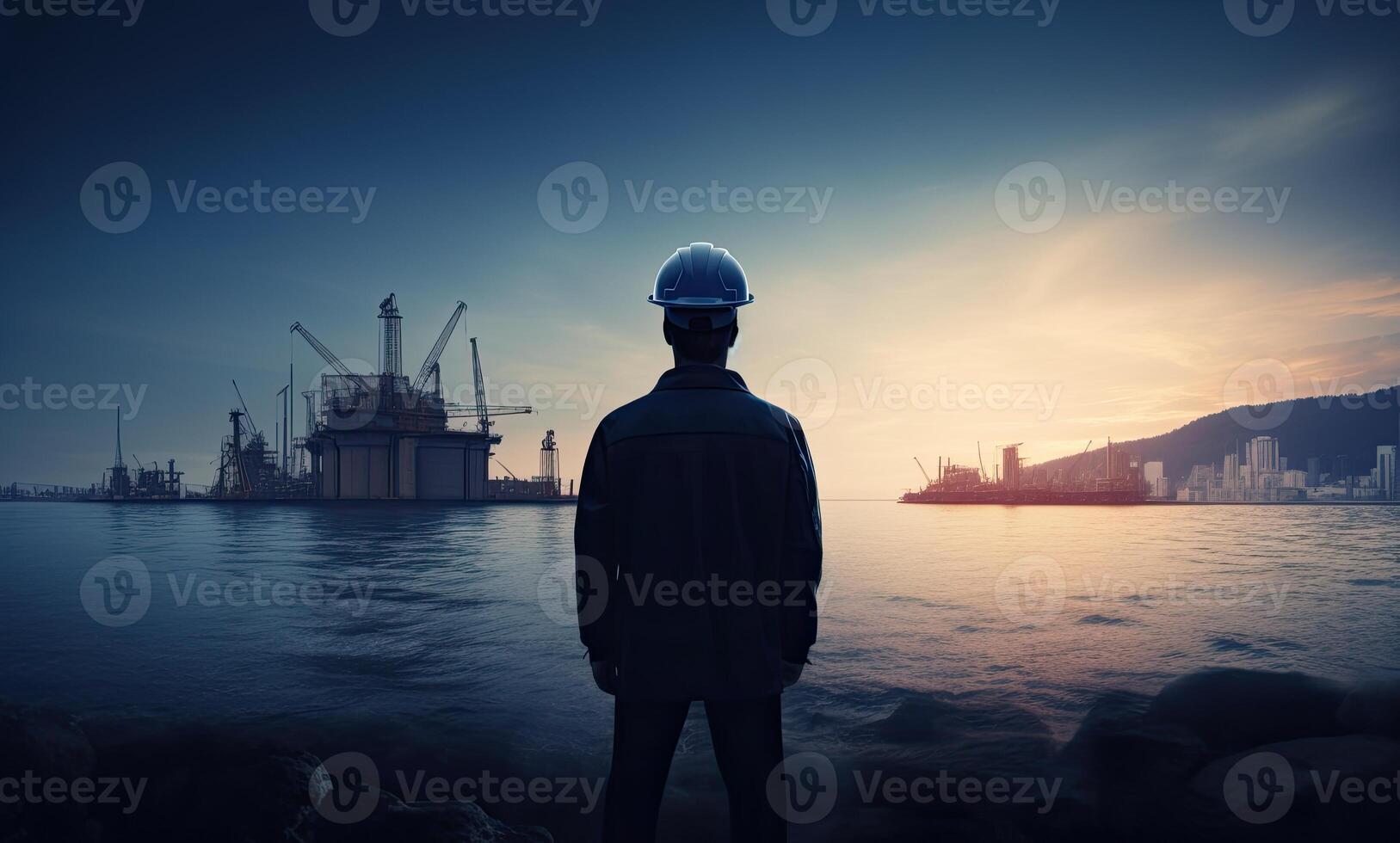 silhouette of engineer in safety hat standing in front of Offshore oil platform station, energy industry. . photo