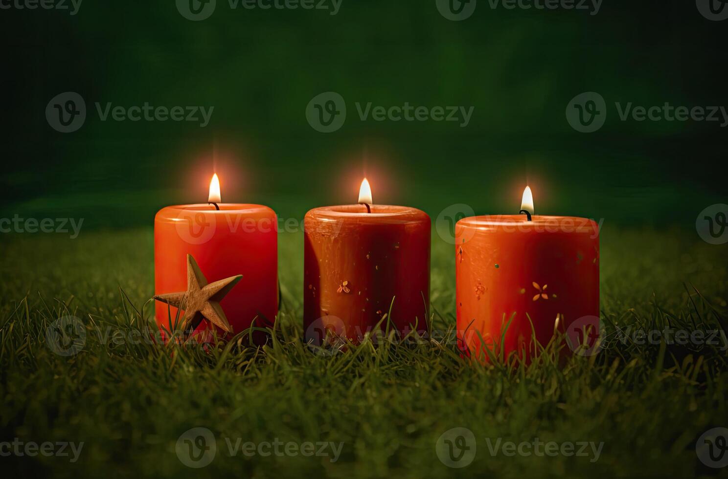 Advent candle, fir tree branches and holiday decorations in snow against light garland background. Christmas card. . photo