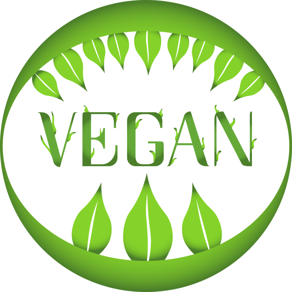 Vegan icon. Organic, bio, eco symbol. Vegan, no meat, lactose free, healthy, fresh and nonviolent food. Round green illustration with leaves for stickers, labels and logos png