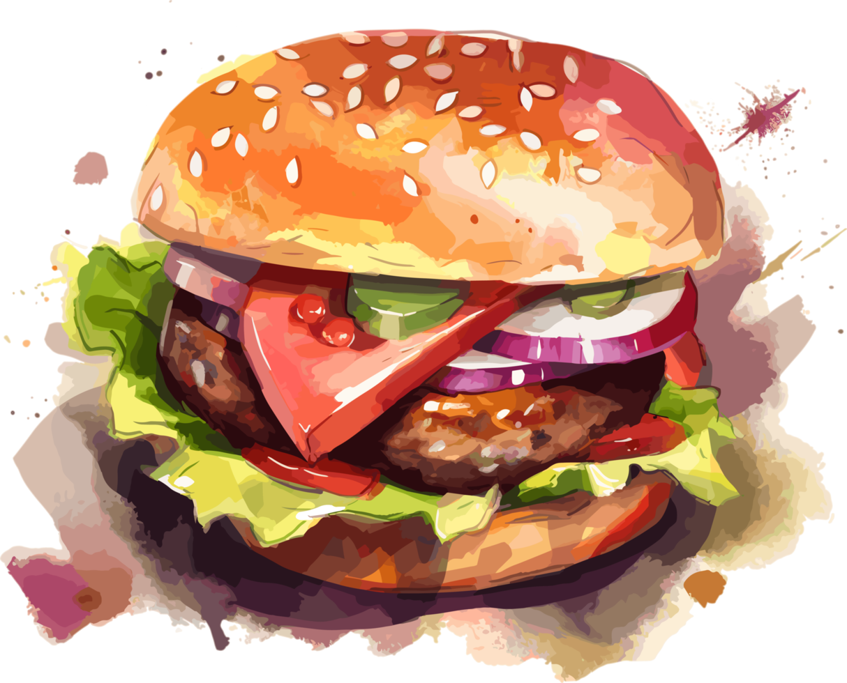 Hand Drawn Watercolor Hamburger Cheese Veggies Illustration png