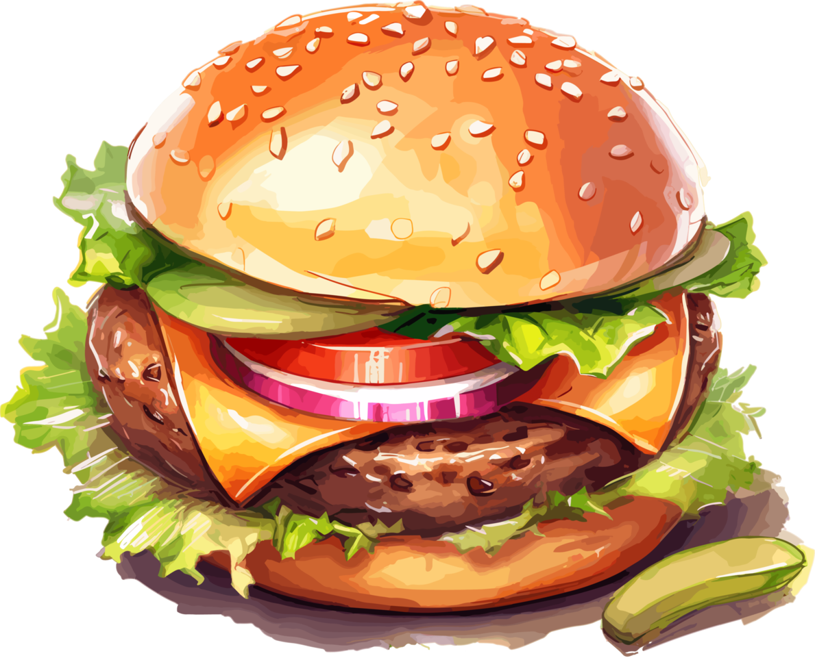 Juicy Cheeseburger Watercolor Illustration With Veggies png