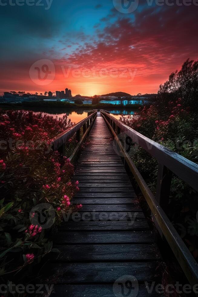 de madera tablón pasarela líder a un hermosa puesta de sol en el lago. generativo ai. foto