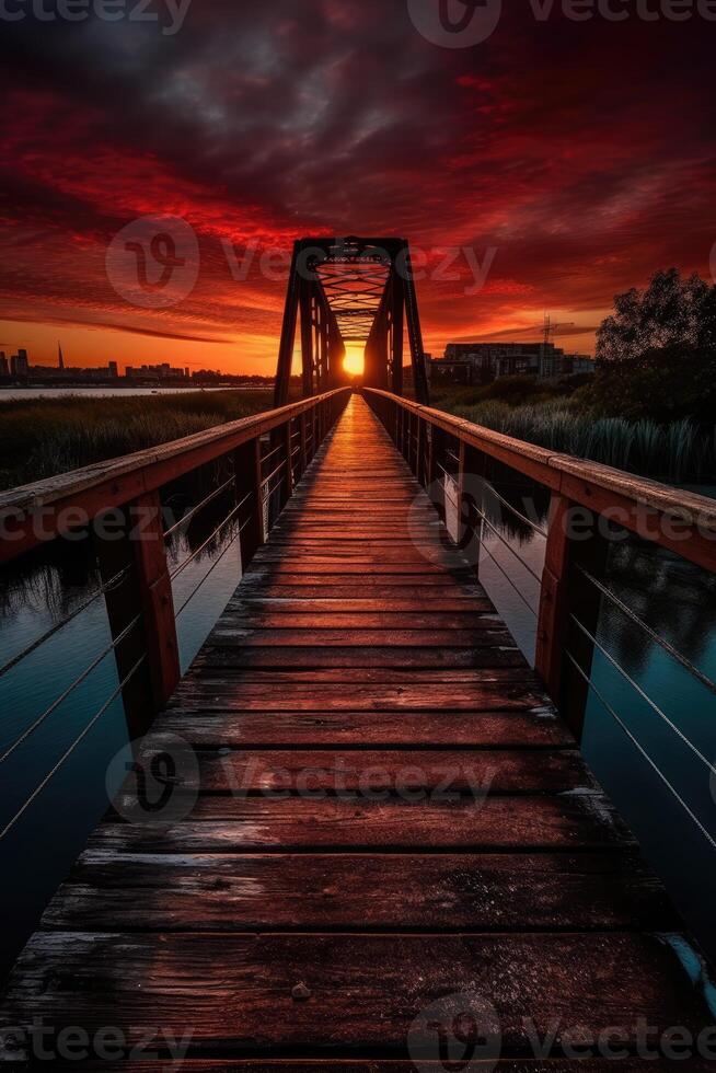 de madera tablón pasarela líder a un hermosa puesta de sol en el lago. generativo ai. foto