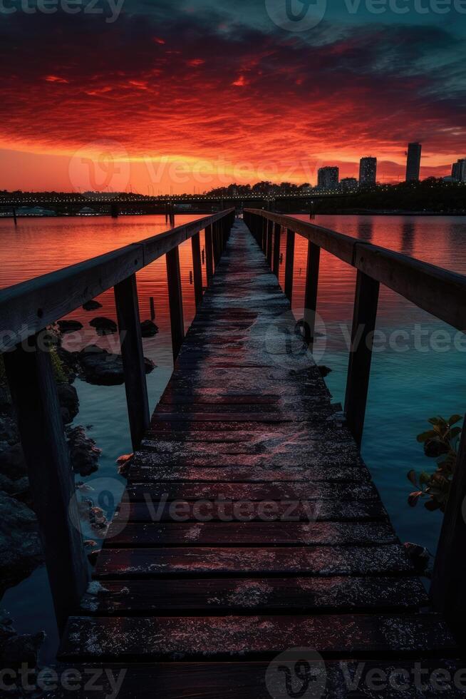 Wooden plank walkway leading to a beautiful sunset on the lake. . photo