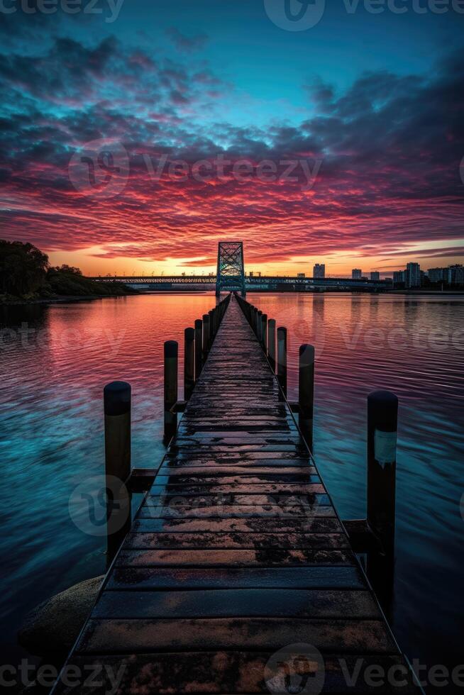 Wooden plank walkway leading to a beautiful sunset on the lake. . photo