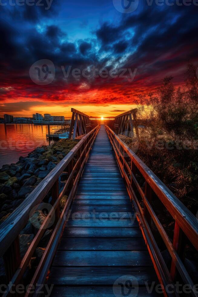 Wooden plank walkway leading to a beautiful sunset on the lake. . photo