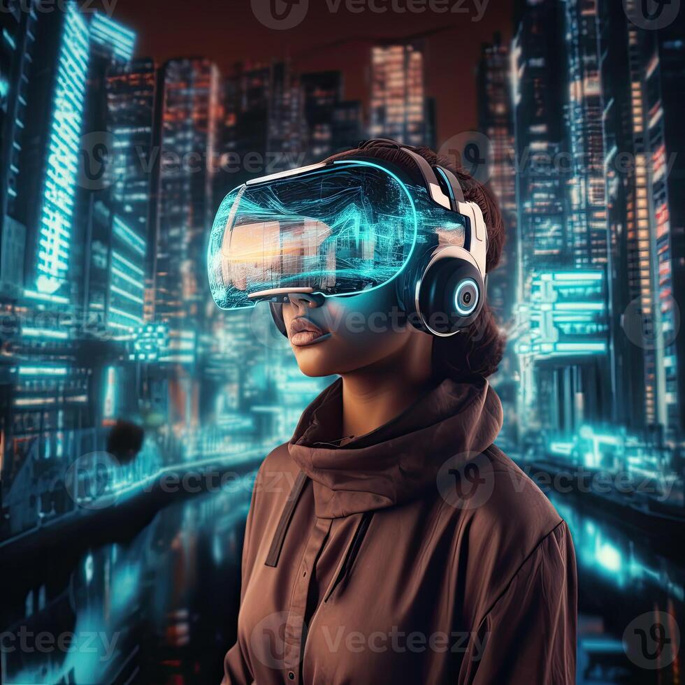 Young woman wearing virtual reality device over cityscape background. Woman is using virtual reality headset. Concept of virtual reality, simulation, gaming and future technology. . photo