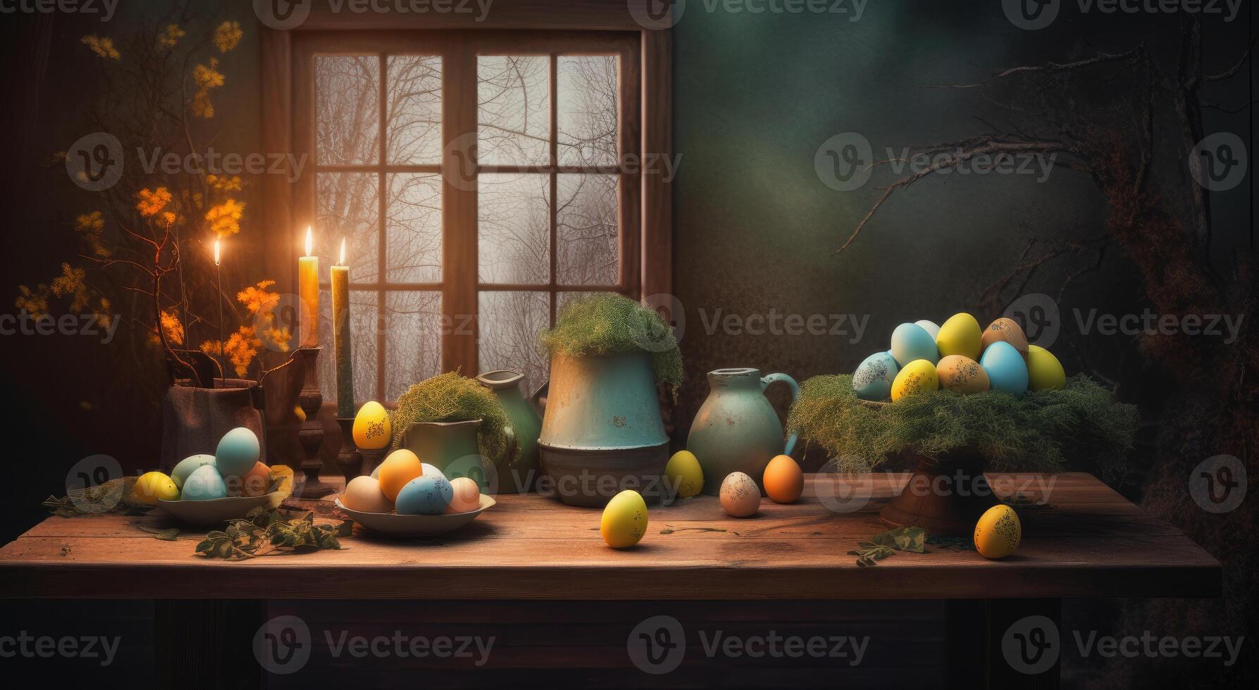 row of colorful easter eggs on wooden table and bokeh background, place for typography and logo. Rustic wooden table. Easter theme. . photo