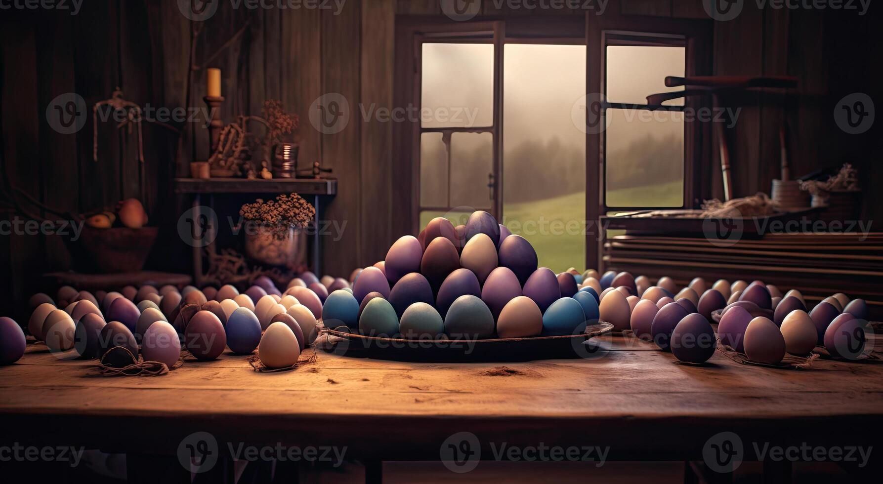 row of colorful easter eggs on wooden table and bokeh background, place for typography and logo. Rustic wooden table. Easter theme. . photo