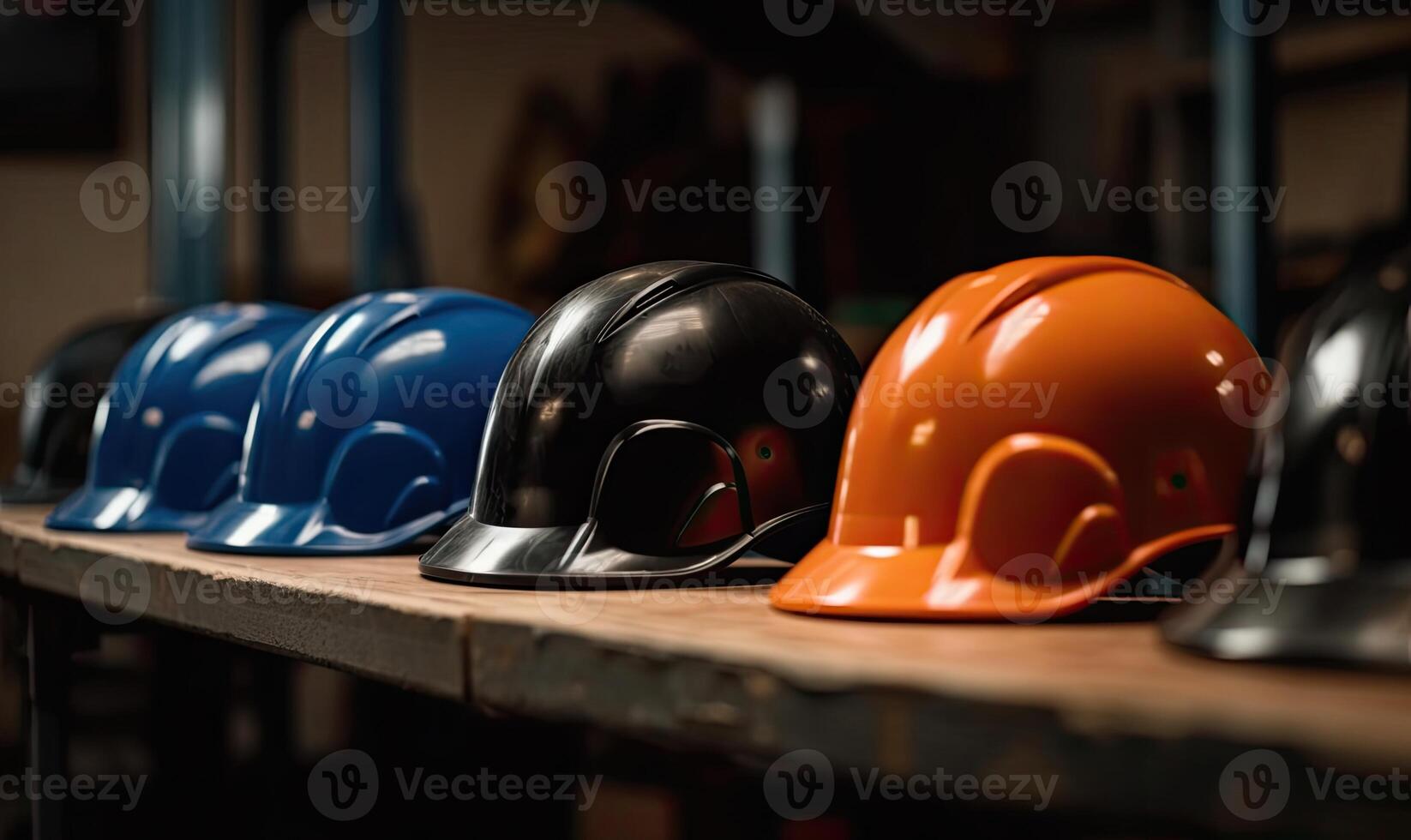 Construction hard hat safety tools equipment for workers in construction site for engineering protection head standard. Many hard hat helmet on row with copy space. . photo