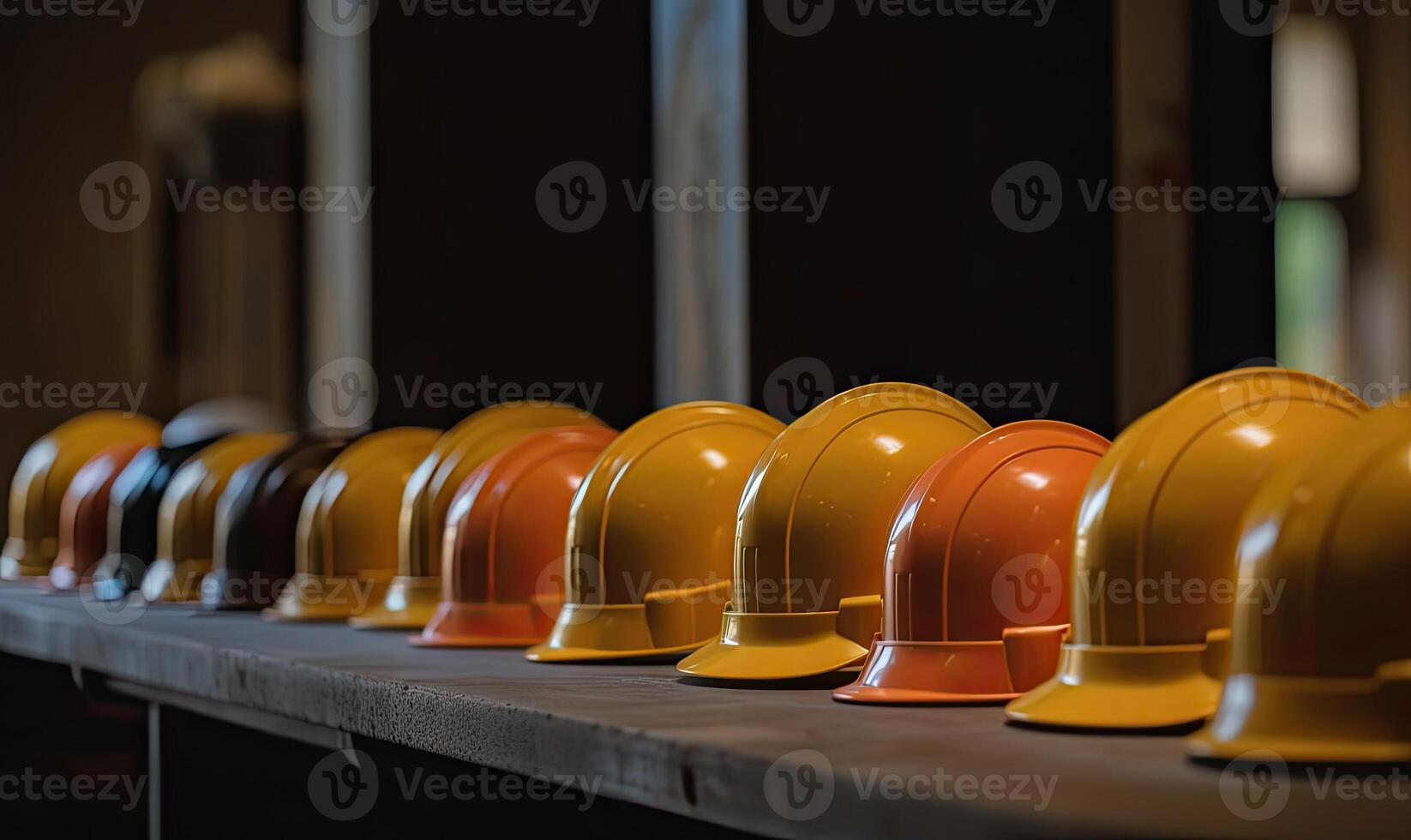 construcción difícil sombrero la seguridad herramientas equipo para trabajadores en construcción sitio para Ingenieria proteccion cabeza estándar. muchos difícil sombrero casco en fila con Copiar espacio. generativo ai. foto