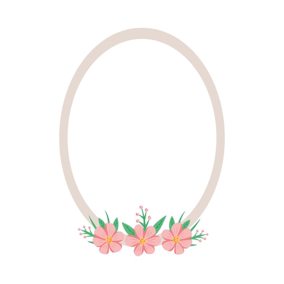 Oval frame with flowers, background for text. Illustration for backgrounds and packaging. Image can be used for greeting cards, posters, stickers and textile. Isolated on white background. vector