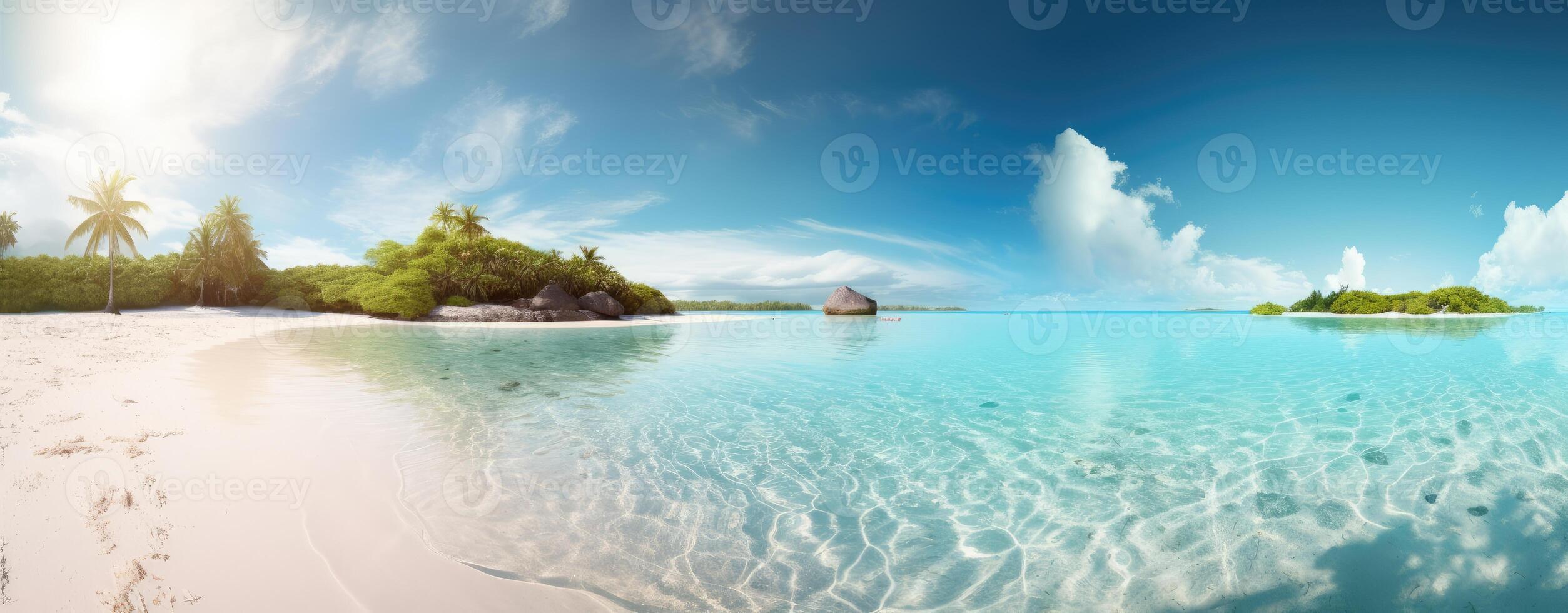 tropical paraíso playa con blanco arena y Coco palmas viaje turismo amplio panorama antecedentes concepto. generativo ai. foto