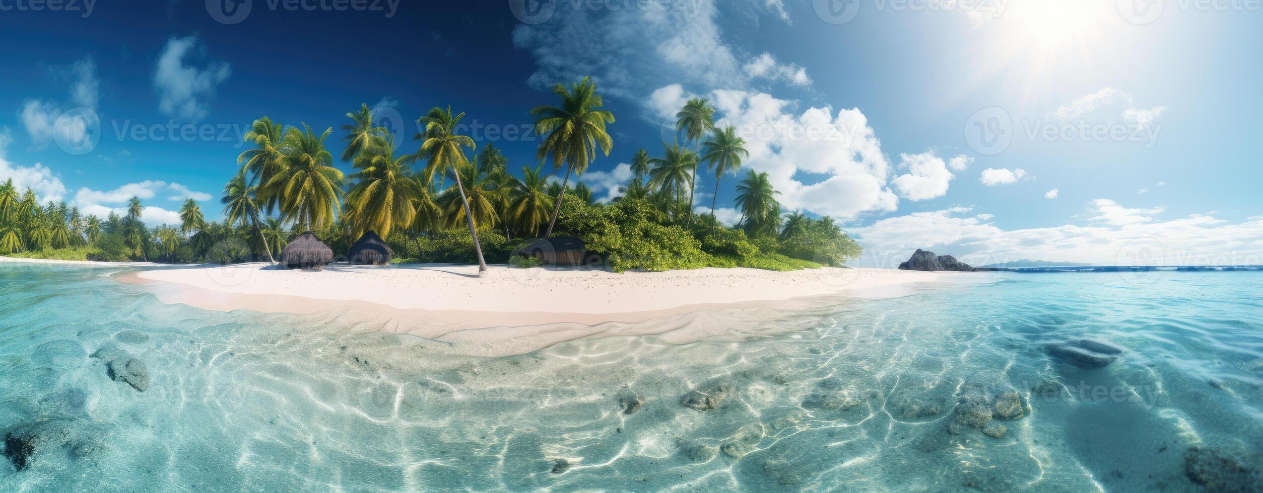 tropical paradise beach with white sand and coco palms travel tourism wide panorama background concept. . photo